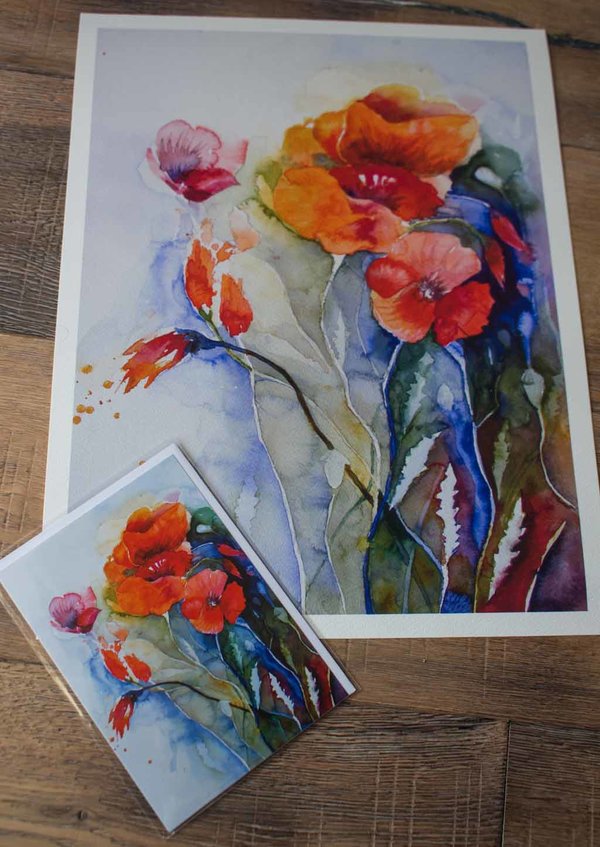 Das Mohnaquarell - Farben des Sommers - als Druck auf Hahnemühlepapier Albrecht Dürer und Kunstkarte (c) Frank Koebsch k