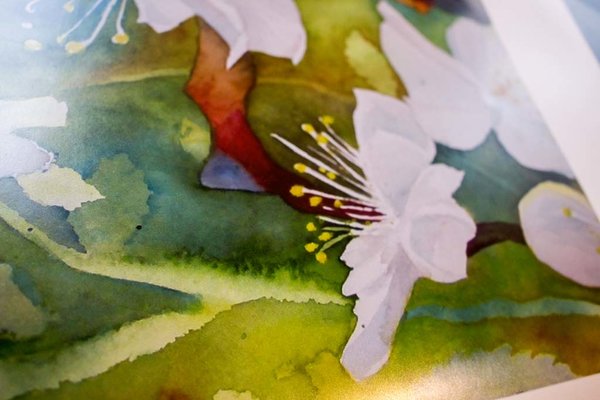 Details aus einem Postserdruck des Aquarell - Wildwuchs in der Obstblüte (c) Frank Koebsch (1) k