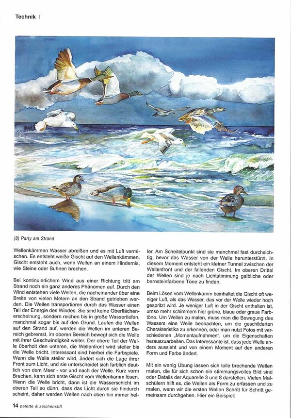Wellen… kleine und große, grüne und blaue – Frank Koebsch berichtet in der Palette 05 – 2017. Seite 14, Wie man Wellen als Aquarell malt.
