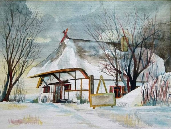Das Dornenhaus im Winter © ein Aquarell aus Ahrenshoop von Frank Koebsch