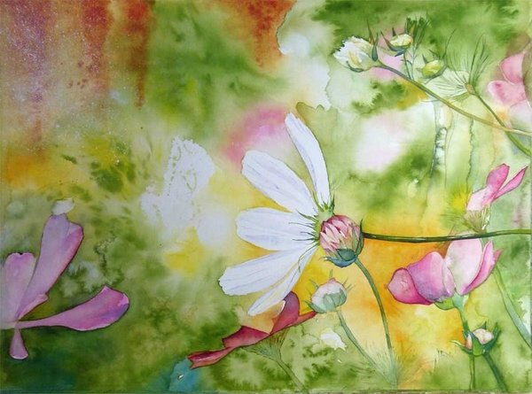 Postkarte – Blumenaquarell „Farbspiele im Frühling“ von Frank Koebsch