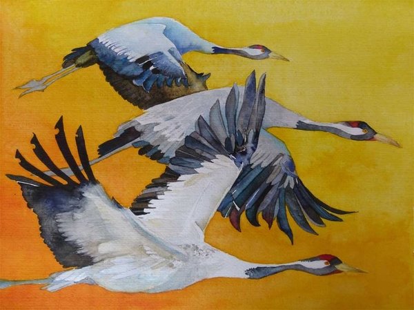 Kunstkarte mit Umschlag – Kranichaquarell „Vögel des Glücks“ von Frank Koebsch