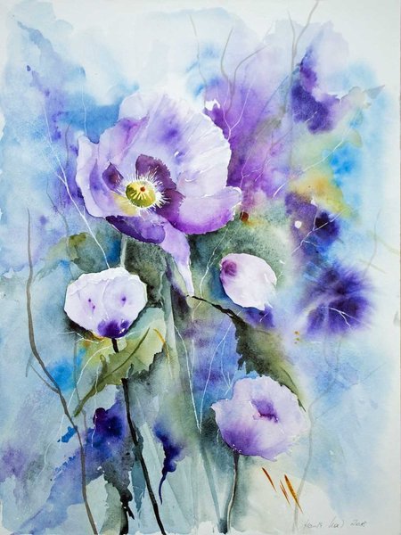Postkarte – Blumen Aquarell „Lila Mohnblüten“ von Hanka Koebsch