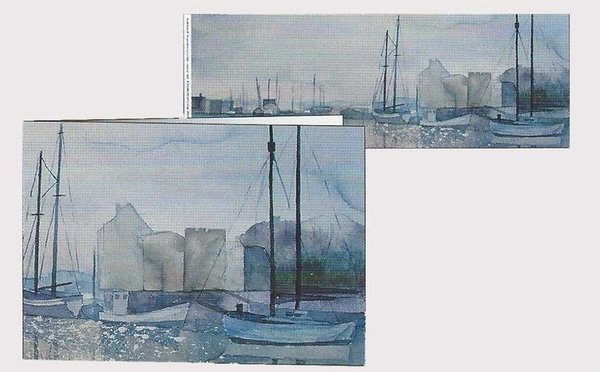Kunstkarte mit Umschlag - "Morgenstimmung im Hafen" Aquarell von Frank Koebsch