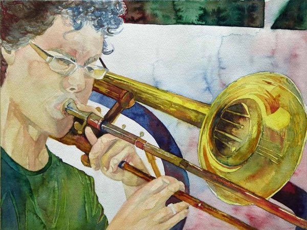Ingo with his trombone © Jazz Aquarell von Frank Koebsch
