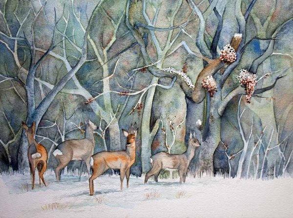 Kunstkarte mit Umschlag – Wild life Aquarell „Rehe im Winterwald“ von Frank Koebsch