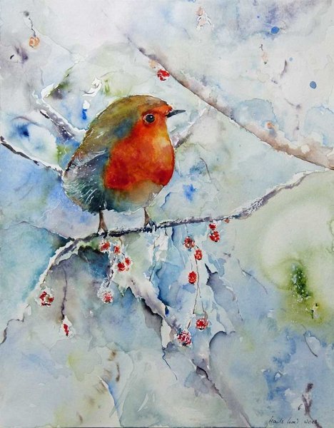 Kunstkarte mit Umschlag – Winteraquarell mit einem Rotkehlchen „Noch kein Frühling in Sicht“ von Ha