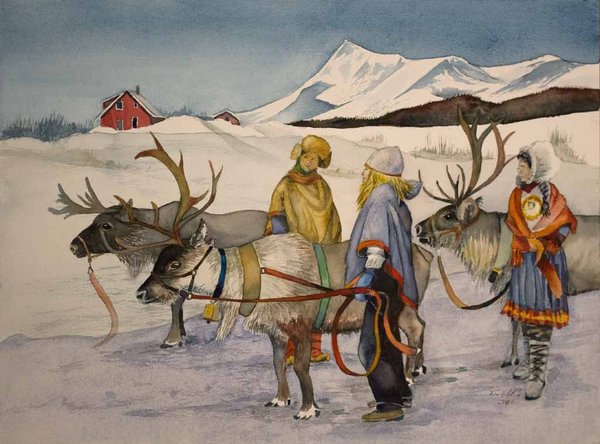 Sámi mit ihren Rentieren im norwegischen Winter © Aquarell von Frank Koebsch