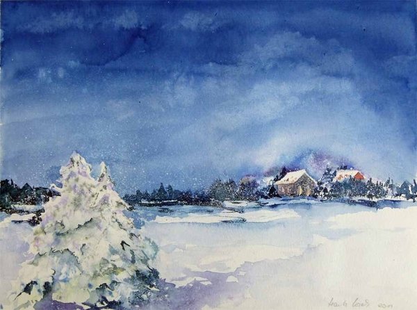 Kunstkarte mit Umschlag - "Dezemberlicht" – Winter Aquarell von Hanka Koebsch