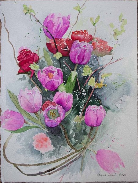 Kunstkarte mit Umschlag - Tulpenaquarell "Danke für die Blumen" von Hanka Koebsch