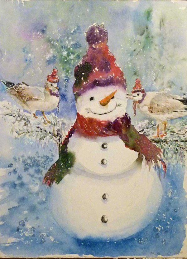 Postkarte – „Weihnachtsgrüße ...“ Schneemann Aquarell von Hanka Koebsch