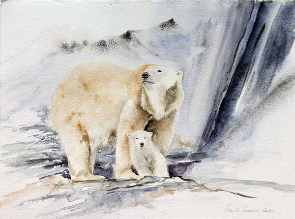 Mama, ist das die Welt? © Aquarell mit einer Eisbärenfamilie von Hanka Koebsch