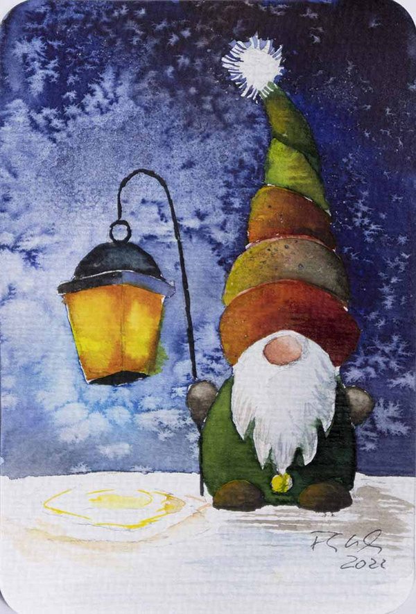 Weihnachtswichtel mit Laterne (c) Miniatur in Aquarell von Frank Koebsch