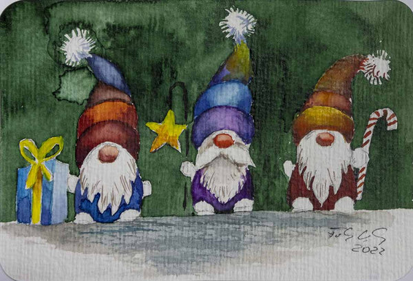 Drei Weihnachtswichtel © Miniatur in Aquarell von Frank Koebsch