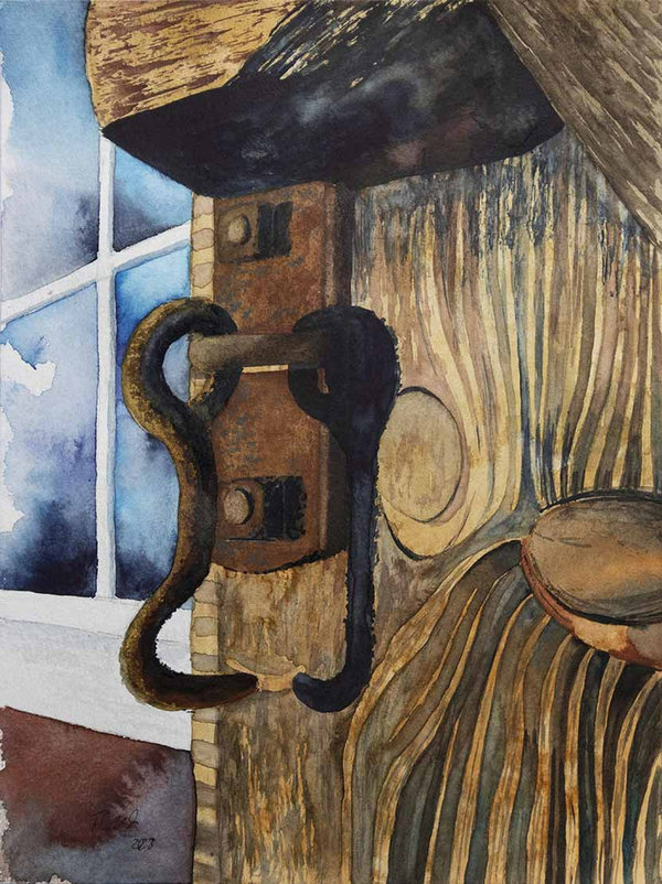 Details einer Tür – altes Holz und rostiges Eisen © Aquarell von Frank Koebsch