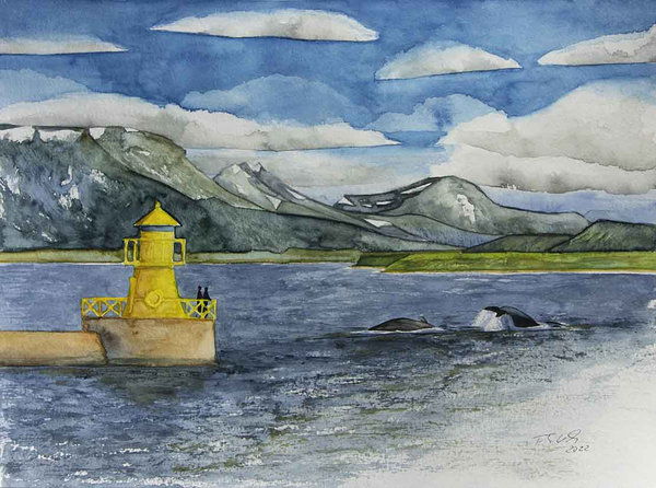 Whale Watching in der Bucht von Reykjavík (c) Aquarell von Frank Koebsch