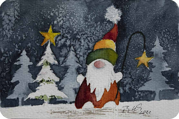 Postkarte – Aquarell „Wichtelweihnacht im Winterwald“ von Frank Koebsch