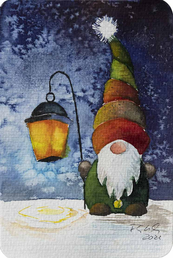 Postkarte – Aquarell „Weihnachtswichtel mit Laterne“ von Frank Koebsch