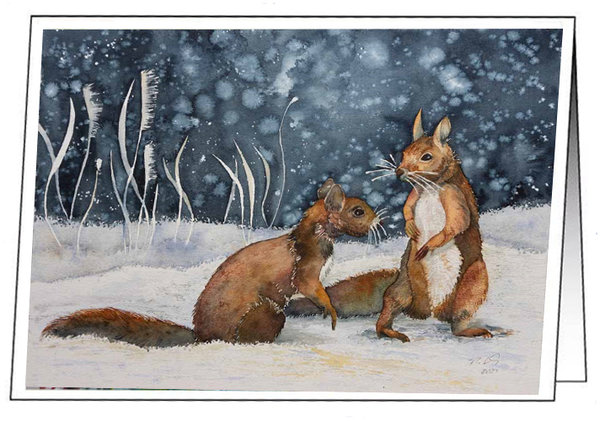 Kunstkarte mit Umschlag - Aquarell "Eichhörnchen im Schnee" von Frank Koebsch