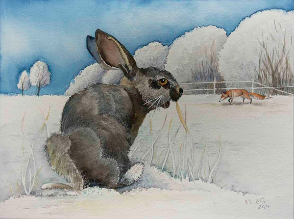Begegnung von Fuchs und Hase im Schnee © Aquarell von Frank Koebsch